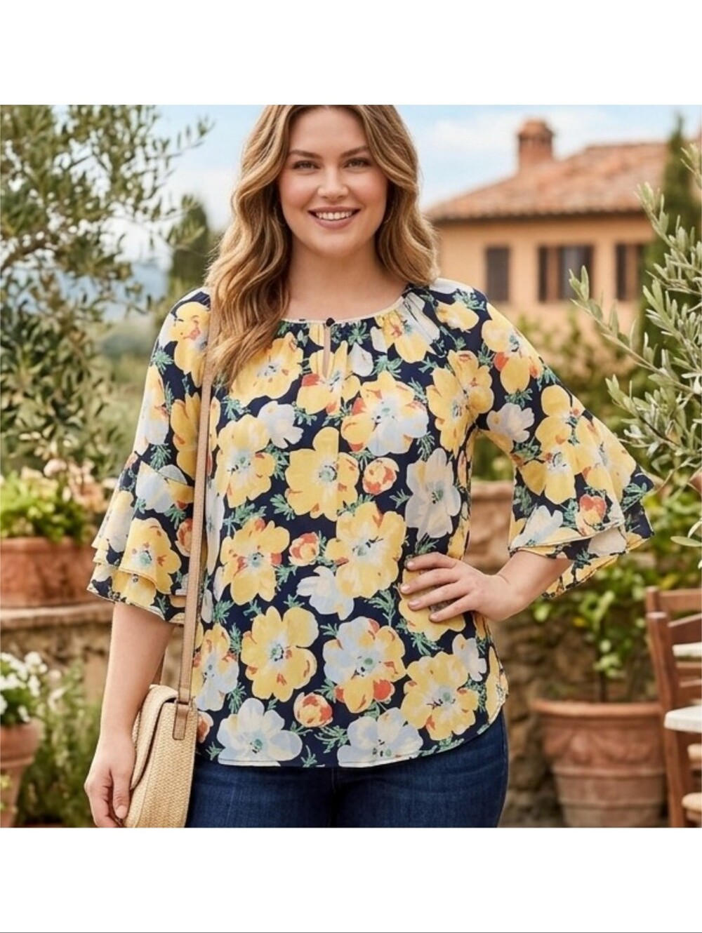 Chaps Boho Floral Georgette Blouse Yellow,navy, White Size 1X